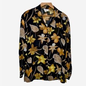 Vintage blouse long sleeve button up shirt, floral print, black, gold